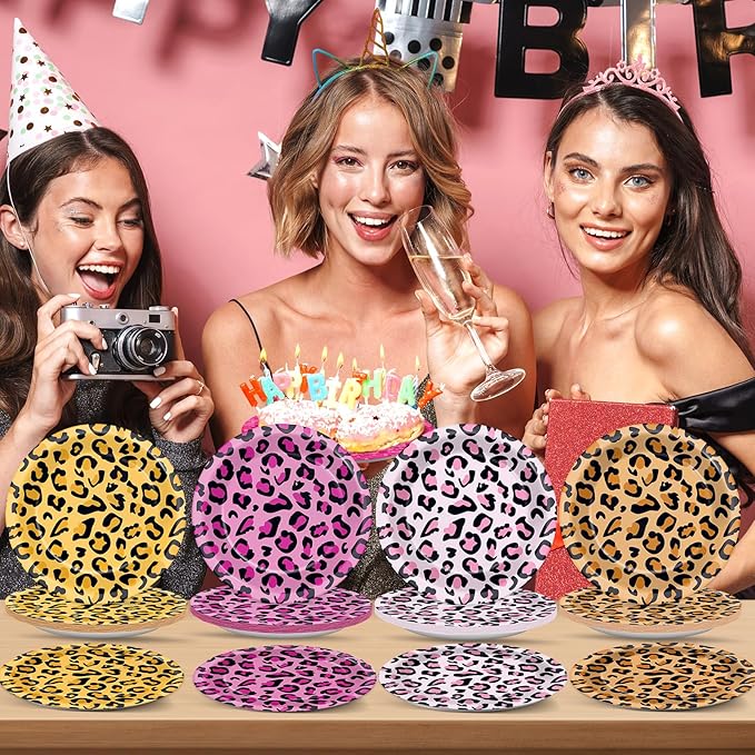 48Pcs Cheetah Print Party Paper Plates for Pink Animal Leopard Print Themed Party Supplies 7" Cheetah Print Disposable Plates for Girls Jungle Birthday Safari Animal Baby Shower Decorations