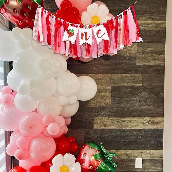 Strawberry One High Chair Banner - Strawberry 1st Birthday Party Decoration, Sweet Berry First Birthday Party Supplies, Berry Sign Anniversary Photo Background Props(Strawberry one banner red)