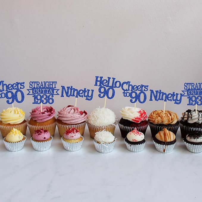 Ephlyn 24Pcs Happy 90th Birthday Cupcake Toppers Glitter Straight Outta 1936 Cupcake Picks Hello 90 Cheers to 90 Years Birthday Cake Decorations for 90th Anniversary Party Supplies Blue