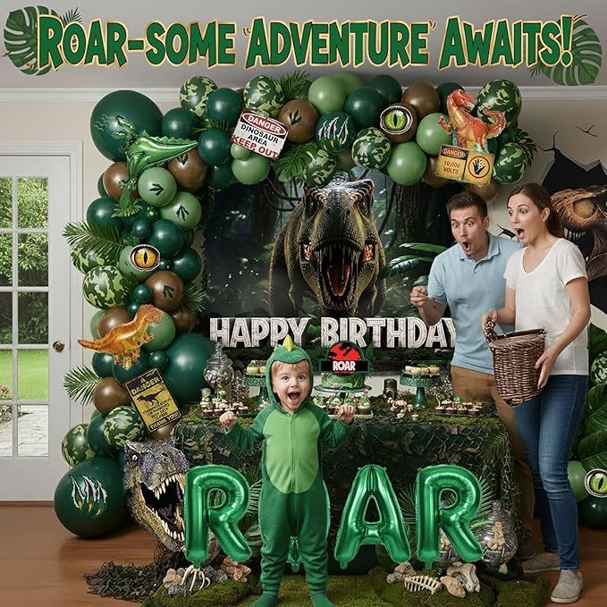 Dinosaur Birthday Decorations with Hunter Green Brown balloon arch & small T-Rex Foil balloons & backdrop Sign & Artificial Palm Leaves for Boys Jungle Safari Dino ROAR Party Supplies (Green Brown)