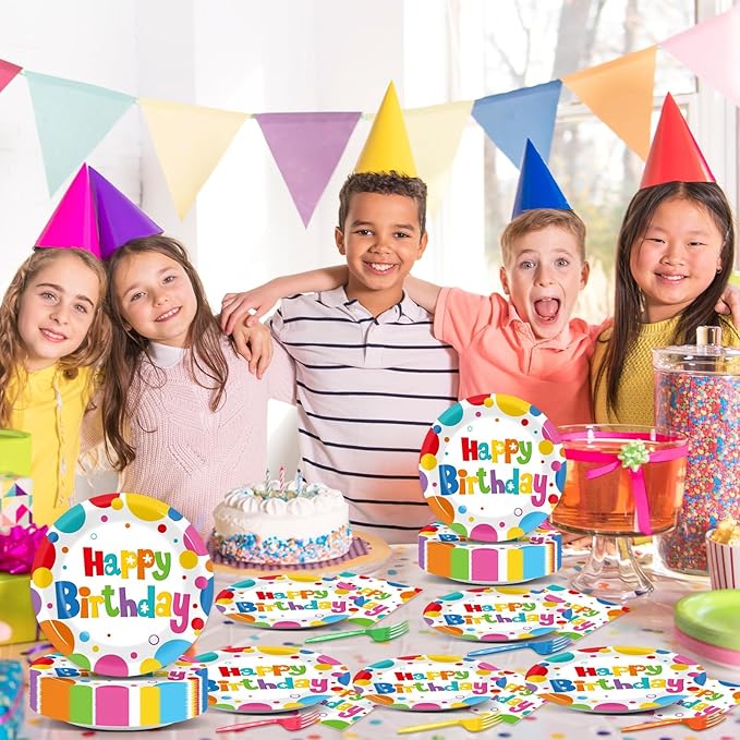 200Pcs Birthday Party Decorations Rainbow Birthday Plates Tableware Set Colorful Birthday Disposable Paper Plates Fork And Napkins Birthday Party Supplies Includes For Girls/Boys, Serves 50