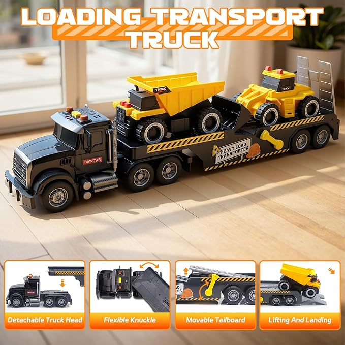 Construction Carrier Truck Toys,21" Semi-Trailer Toy with Excavator and Dump Toddler Boy Toys for 3 4 5 6 7 Years Kids Friction Powered Vehicle Car Toy with Lights & Sounds, Birthday for Boys Girls