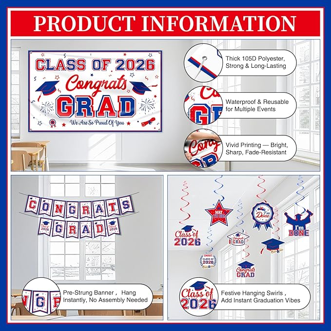 Graduation Decorations Class of 2026 White Blue and Red Graduation Party Decor Set include Congrats Grad Banner Backdrop Class of 2026 Balloons Party Supplies