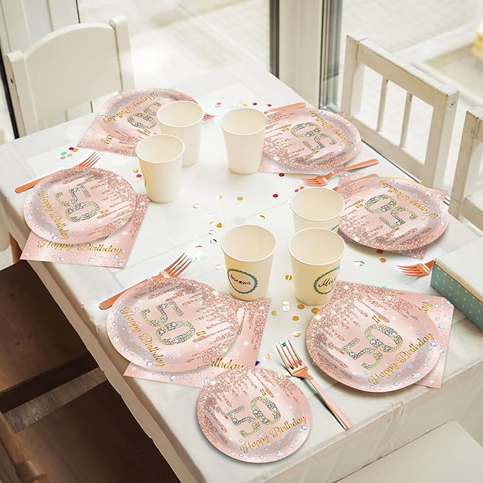 96 Pieces 50th Birthday Tableware Set for Pink Rose Gold 50th Birthday Table Decorations Supplies Pink Rose Gold Happy 50 Years Old Dessert Paper Plates Napkins Forks for 24 Guests Women Supplies