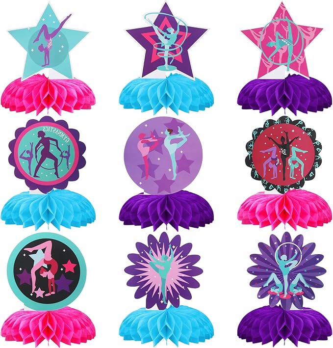 9 Pieces Gymnastics Party Decoration Gymnastics Party Centerpiece Gymnastics Birthday Honeycomb Centerpiece Table Topper for Birthday Baby Shower Gender Reveal Party Supplies