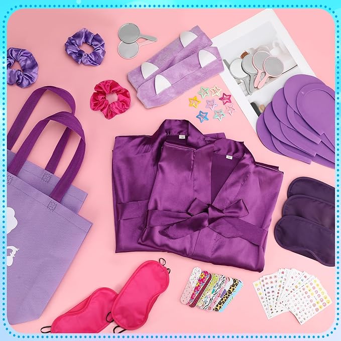 122 Pcs Multicolor Girls Spa Party Kit, 10-Pack Slumber Party Favors with Satin Robes, Tote Bags, and Nail Salon Accessories for Kids Spa Birthday, Halloween, Home Party Supplies