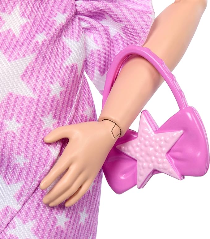 Barbie Deluxe Style Doll #11 in Pink Denim Star-Print Dress with Matching Tights, Black Hair in High Bun, Accessories Like Handbag and Jewelry