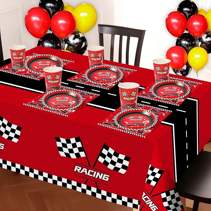 Childom 102 PCS Racing Car Tableware Sets,Race Car Birthday Party Supplies,Disposable Racing Tablecloths,Plates Cups Napkins,Cars Themed Tableware Set for Boys Birthday,Kids Parties,Racing Party Decor