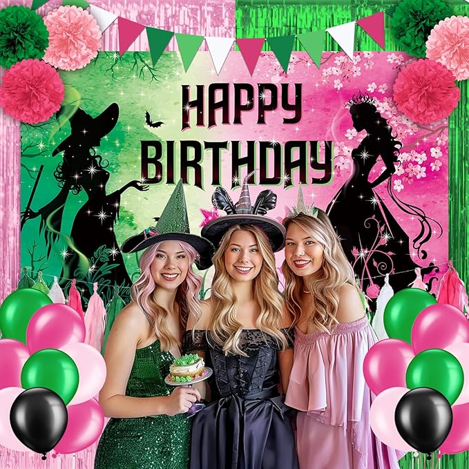Pink and Green Birthday Party Decorations, Witch Themed Happy Birthday Backdrop Banner Balloons Paper Pom Poms Paper Tassel Foil Fringe Curtains for Girls Princess Birthday Party Supplies Decorations
