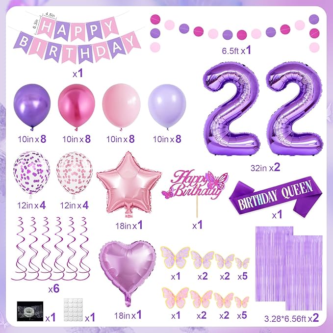 22nd Purple Birthday Decorations for Women, Pink and Purple Happy 22 Birthday Party Decorations with Happy Birthday Banner, Number Foil Balloons, Butterfly Cake Topper for 22nd Party Supplies