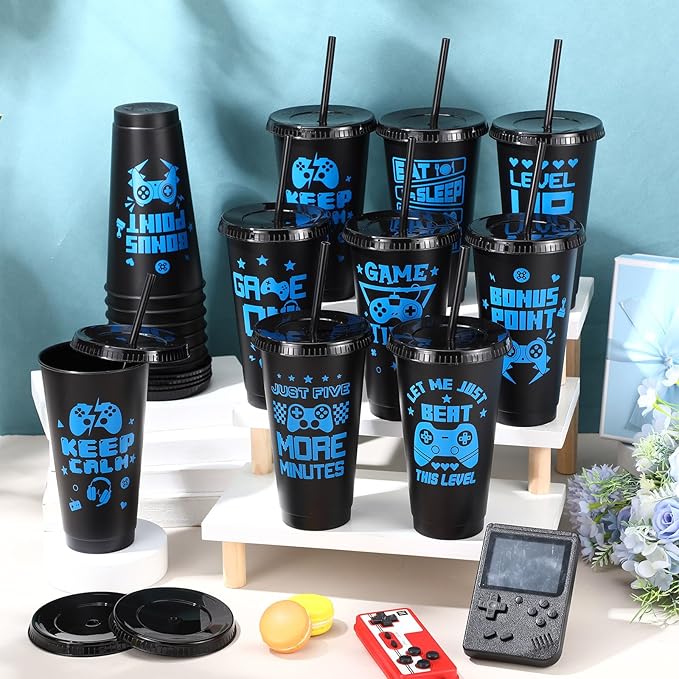 16 Pcs Video Game Plastic Cups Gaming Party Favor with Lids and Straws 24 oz Gamer Reusable Tumbler Water Mug for Fun Video Birthday Party Supplies for Adults (Black Blue)