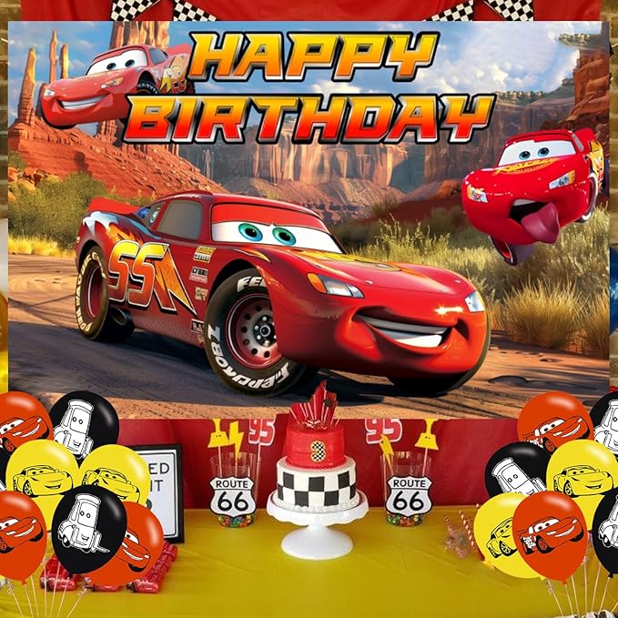 Cartoon Car Backdrop 5x3 Vinyl Maqueen Car Birthday Party Supplies Photography Background Picture Photoshoot Cake Table Decor Banner Shoot Drapes Poster