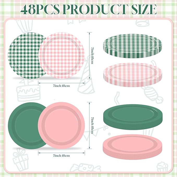 48PCS Gingham Paper Plates, 7 Inch Pink Green Plaid Plates Disposable Dessert Plates Party Supplies for Picnic Wedding Baby Shower Birthday Party Deorations Table Decor