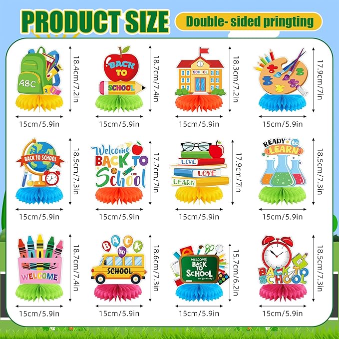 12 Pcs Welcome Back to School Decorations Honeycomb Centerpieces First Day of School Table Decoration Book Pencils Backpack Bus Table Topper for Party Favors Supplies
