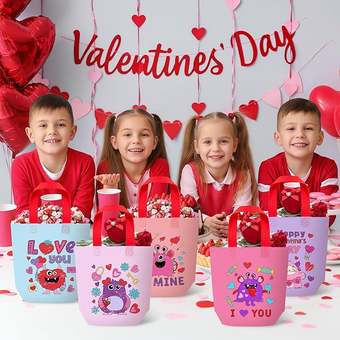 Valentine's Day Coloring Goodie Bag for Kids - 24Pcs Cute Monster Bulk Color Your Own Gift Bag with Handle Happy Valentine's Day Reusable Coloring Non Woven Tote Bag for DIY Painting Craft Party Favor