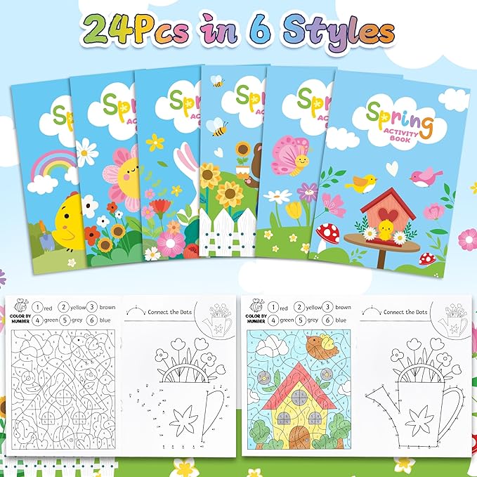 Dvbonike 24Pcs Spring Activity Books - Mini Fun Games Flower Springtime Coloring Book Bulk Party Favors Gift Goodie Bags Stuffers for Birthday Classroom School Rewards Supplies