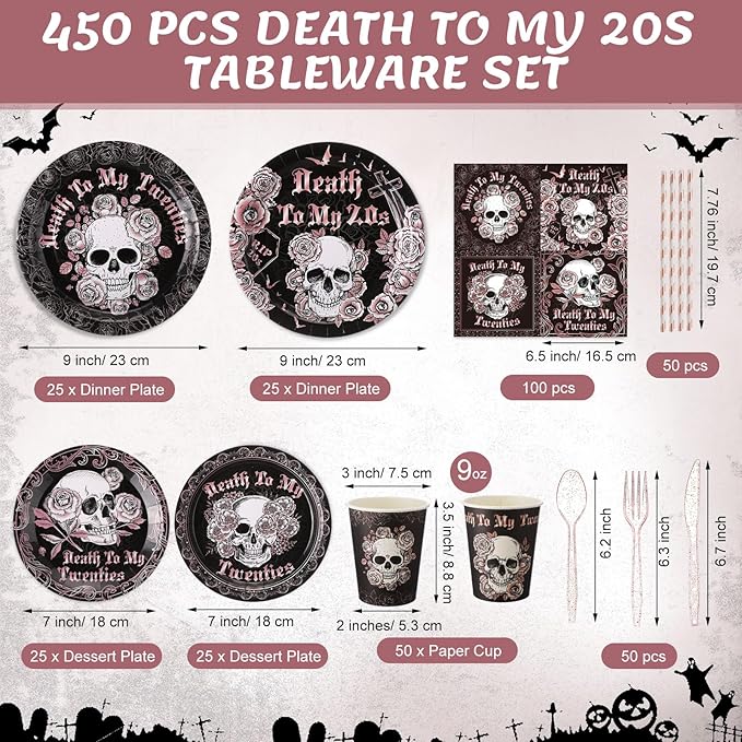 450 Pcs Death to My 20s Tableware Set Rose Gold Black 30th Birthday Party Decorations Rip to My 20s Paper Plates Napkins Cups Cutlery Straws for Women Funeral My Youth Birthday, Serves 50