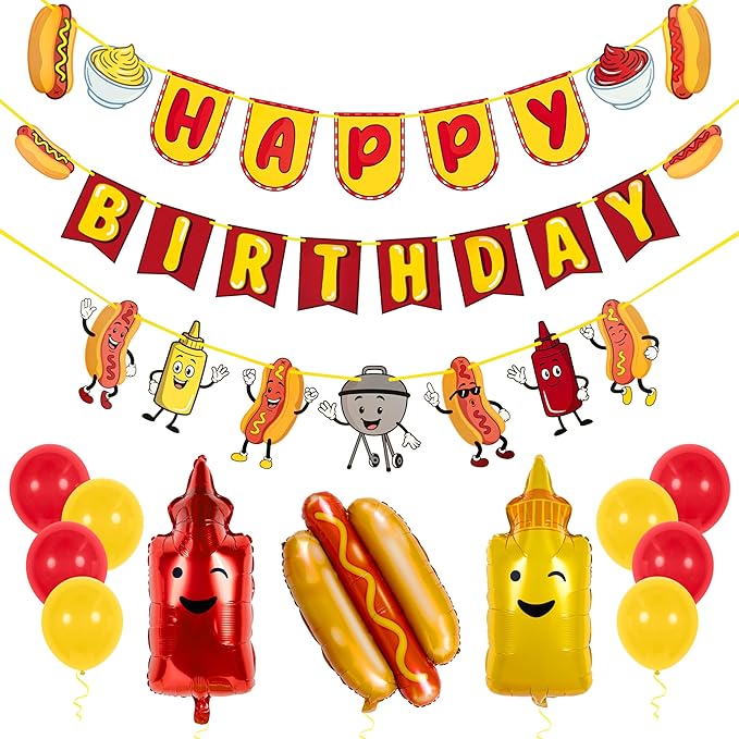Pirese Hot Dog Birthday Decorations, Hot Dog Party Decorations with Pre-Strung Happy Birthday Banner, Hot Dog Balloons, Picnic BBQ Birthday Party Supplies, Hot Dog Birthday Party Decorations