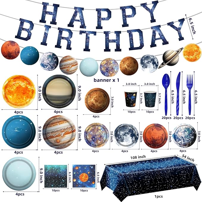 Space Theme Party Decorations 142Pcs Galaxy Planet Outer Space Disposable Plates and Napkins Cups Tablecloth Banner Knives Forks Spoons for Kids Space Solar System Planets Birthday Party Supplies