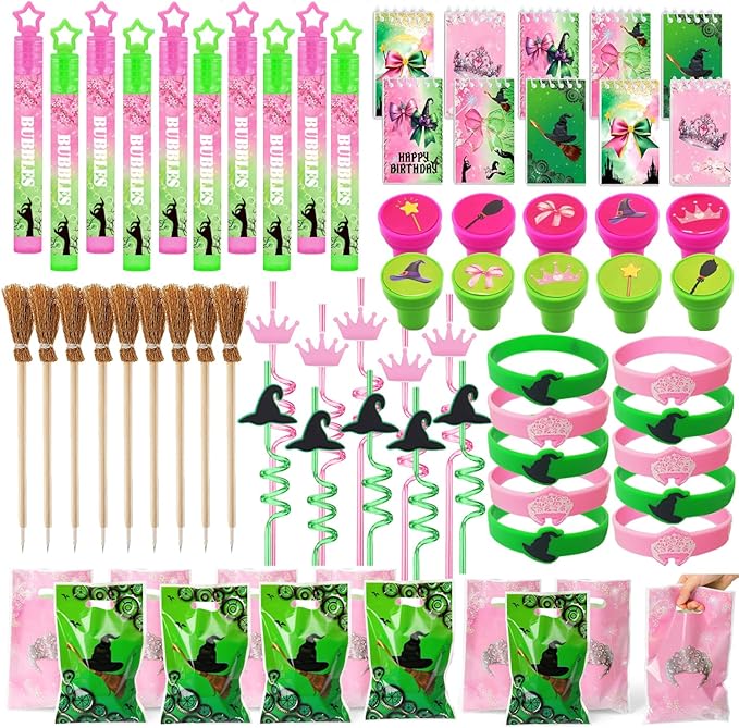 Pink and Green Party Favor Decorations 70Pcs Bubbles Notebooks Stamps Broom Pencils Plastic Straws Goodie Bags Wristbands for Birthday Theme Decor Gift Supplies