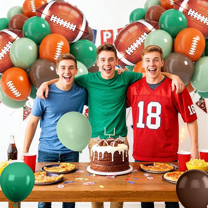 Football Balloons, 12 Inch Sage Green Brown Latex Balloon with Football Printed Foil Balloons, Football's Party Decorations for Men Sports Rugby Theme Birthday Game Party Supplies