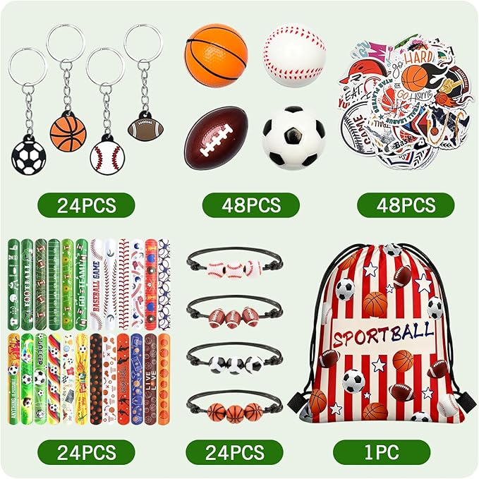 169 Pcs Sportball Party Favors Bulk 48 Pcs Sportball Stress Balls and Sport Stickers 24 Pcs Sport Keychain and Wristbands and Snap Bracelets Drawstring bags for Team Birthday Party Supplies