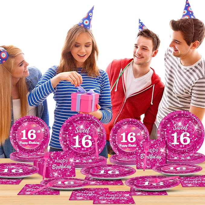96Pcs Hot Pink Disco Birthday Party Supplies Sweet 16 Paper Plates and Napkins Hot Pink 16th Iridescent Tableware Decoration for Girls Happy 16 Years Old Princess Disco Themed Party Favors Serves 24