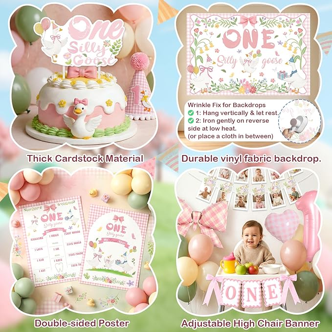 128 pcs One Silly Goose Birthday Decor Girl, Pink 1st Birthday Decorations Girl, Photo Banner Balloons Poster Hat High Chair Banner Cake Topper Boxes Goose Backdrop for Kids Birthday Party Supplies