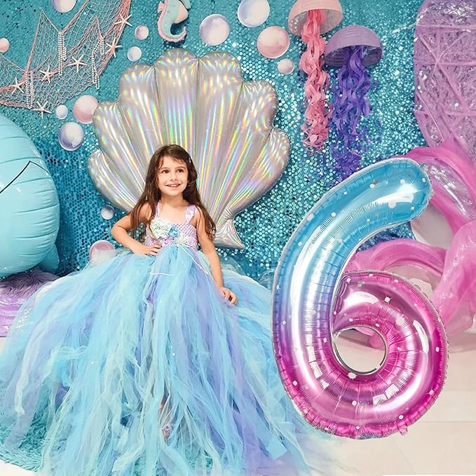 40 Inch Balloon Number 6 Blue Pink, Large Foil Mermaid 6 Balloons Number for Women, Starry Rainbow Globos de Numero 6 Helium Balloons for Girls 6th Birthday Anniversary Graduation Party Decorations