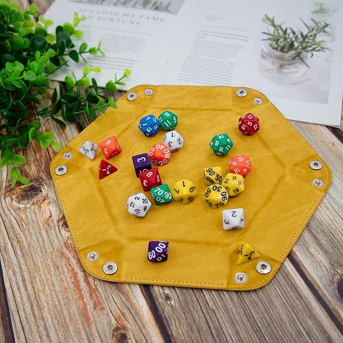 SIQUK 2 Pieces Dice Tray PU Leather Dice Folding Hexagon Tray Dice Holder for Dice Games Like RPG, DND and Other Table Games (Yellow, Violet)