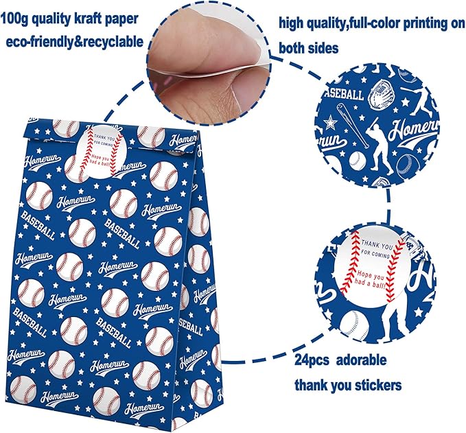 SamPartyShop 24 Pack Baseball Party Candy Favor Bags with Stickers, Baseball Themed Birthday Party Supplies