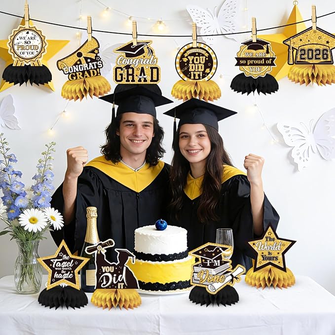 10 PCS Graduation Party Decorations Class of 2026,Gold and Black Congrats Grad Honeycomb Centerpiece for Table Congratulate Graduation Table Toppers for Graduation Party Favor Supplies