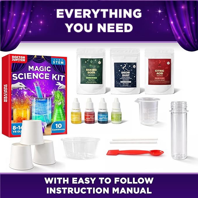 Doctor Jupiter Magic Science Kit, Chemistry Set for Kids Ages 8-10-12-14 | Easter, Birthday Gift Ideas for 8+ Boys and Girls | Toy STEM Kit with 10 Science Experiments, Magic Tricks