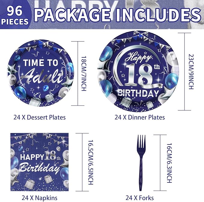 Grencian 96Pcs 18th Birthday Party Decorations Blue and Silver 18th Birthday Plates and Napkins Disposable Paper Tableware Set for Teens Boys Girls 18 Years Old Party Supplies, Serves 24