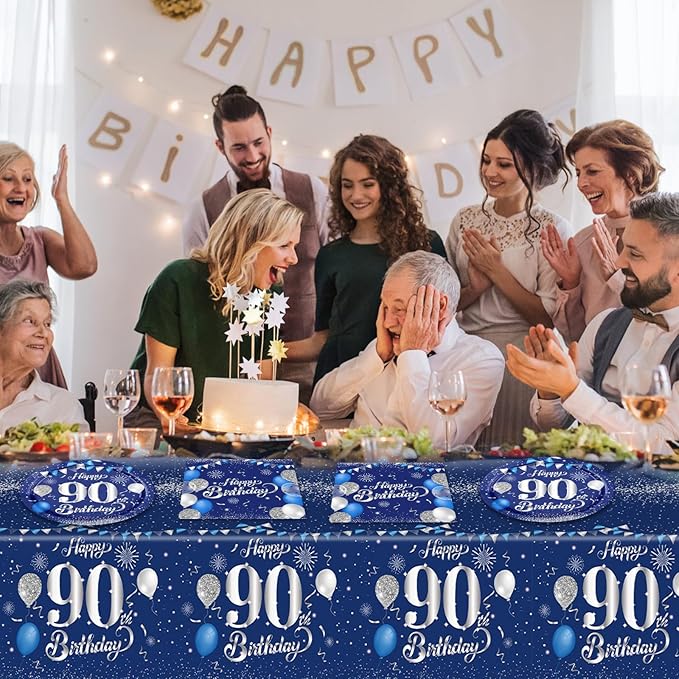 Blue 90th Birthday Decorations for Men Navy Blue Silver Happy 90th Birthday Tableware Set Include Happy 90th Birthday Plates Napkins Tablecloth for 90 Year Old Anniversary 1936 Party Decor Supplies