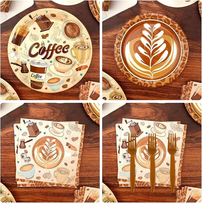 Coffee Party Supplies - Coffee Party Tableware - Dinner Plates, Dessert Plates, Napkins, Forks for Coffee Birthday Party Decorations, Baby Shower Supplies, Serves 25