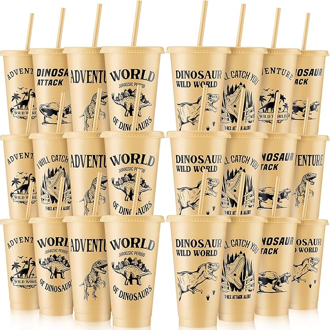 Mifoci 24 Pcs Dinosaur Party Favor 24 oz Plastic Cup with Lids and Straws Set Kids Reusable Dinosaur Cup Decorations for Beverage Birthday Party Dino Supplies (Khaki)