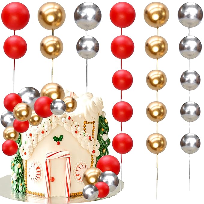 Gyufise 30Pcs Christmas Mini Balloon Cake Topper Foam Ball Cake Picks Cupcake Faux Pearl Balls DIY Cake Insert Topper Decoration for Christmas Graduation Birthday Party Red Gold Silver