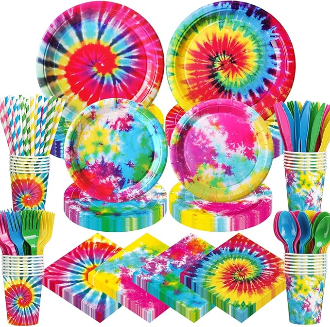450 Pcs Tie Dye Party Tableware Set Decorations Rainbow Birthday Paper Plates Napkins Cups Cutlery Straws for Hippie Retro 60s/70s Dinner Celebration Birthday Wedding Baby Shower, Serves 50