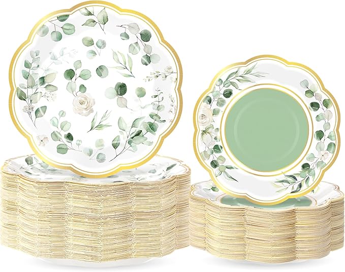 60 Pcs Eucalyptus Greenery Paper Plates 9 in and 7 in Sage Green Dessert Party Plates with Gold Rim Disposable Floral Shape Tableware for Wedding Birthday Party Baby Shower Bridal Shower