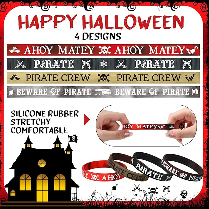 Capoda 24 Pcs Pirate Silicone Bracelets Ahoy Matey Caribbean Rubber Wristbands Skull Pirate Ship Party Favors for Girls Boys Birthday Decorations Halloween Party Supplies