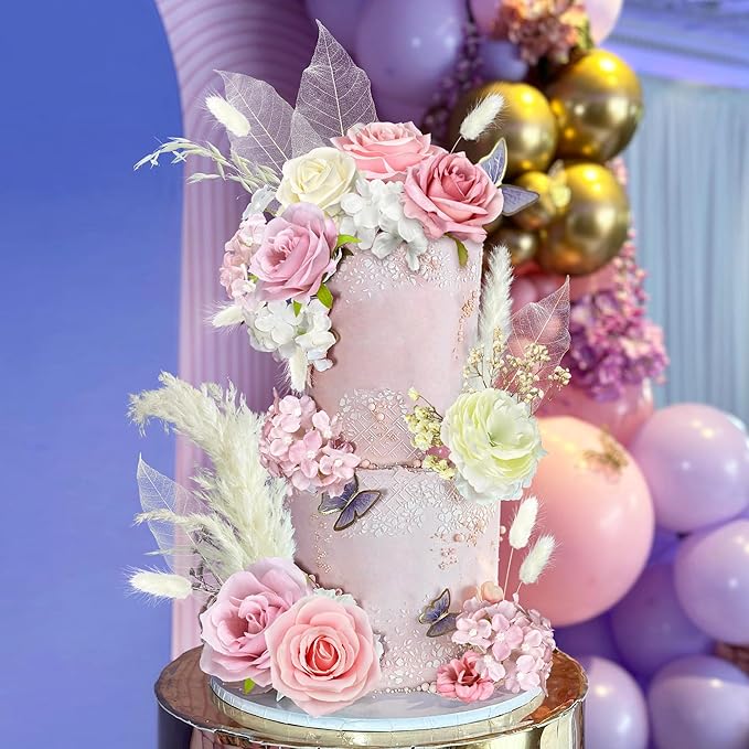 33 PCS Boho Cake Topper Decorations Vintage Artificial Rose Flowers Leaves Various Dried Pampas Grass for Cake Decorating Kit for Wedding Bridal Birthday Party Supplies (Pink)