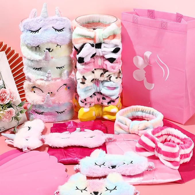 Bonuci 50 Pcs Spa Party Supplies for Girls, 10 Satin Robe 10 Kids Slippers Sleepover Birthday Spa Party Favors