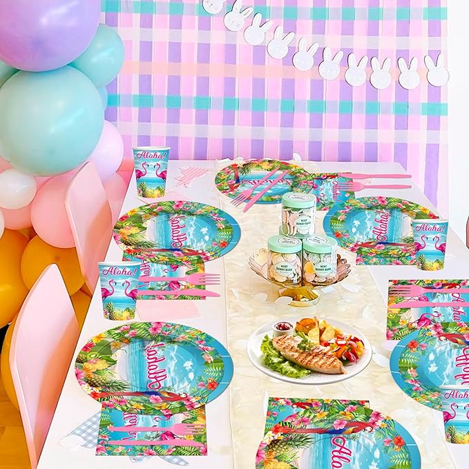 Flamingo Party Supplies 144 PCS, Tropical Hawaiian Luau Decorations Set, Aloha Paper Plates Cups Napkins Tableware for Birthday, Baby Shower, Garden & Beach Parties
