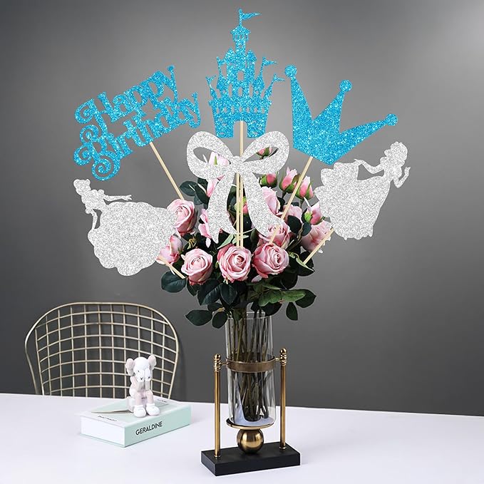 Gyufise 12Pcs Princess Centerpiece Sticks Birthday Bowknot Castle Birthday Table Flower Centerpieces Sticks Crown Bow Party Decorations for Bridal Shower Birthday Wedding Party Supplies Blue