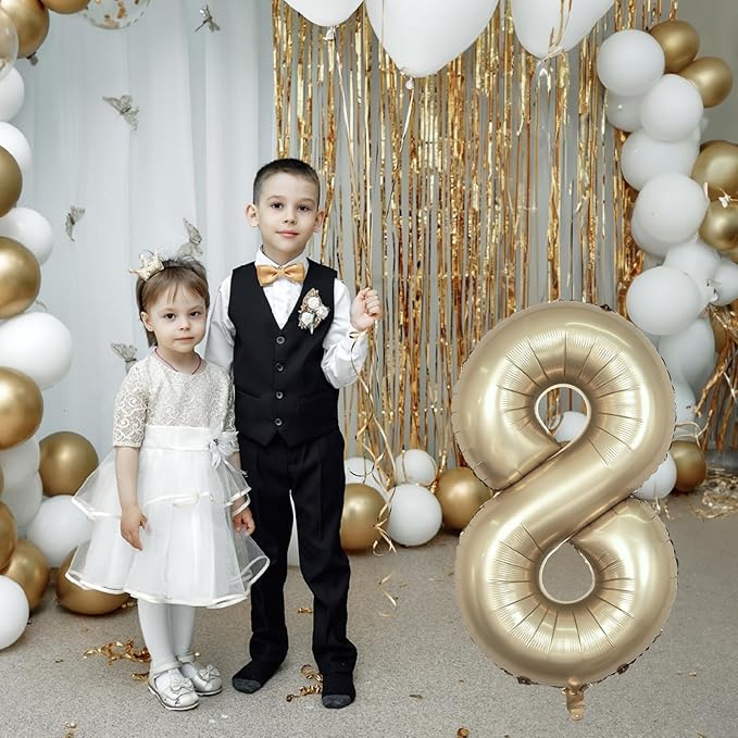 Metallic Gold Number 8 Balloons, 40 Inch Giant Light Champagne Gold Mylar Foil Number 8 Ballon for Boy Girl, Self Inflating 8th Birthday Helium Balloon for Women Anniversary Party Decorations Supplies