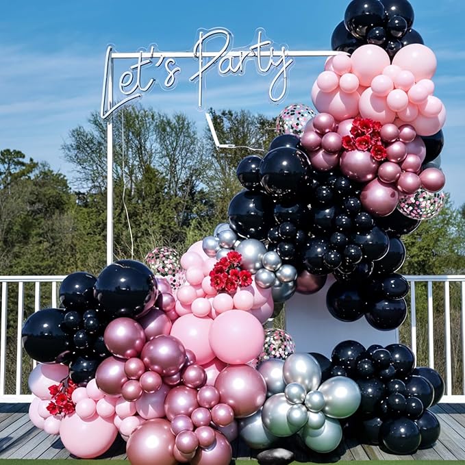 Pink and Black Balloons, 60Pcs 12 Inch Hot Pink Light Pink Black Confetti Metallic Pink Party Balloons for Girl Birthday Theme Party Wedding Engagement Bachelorette Bridal Shower Decorations