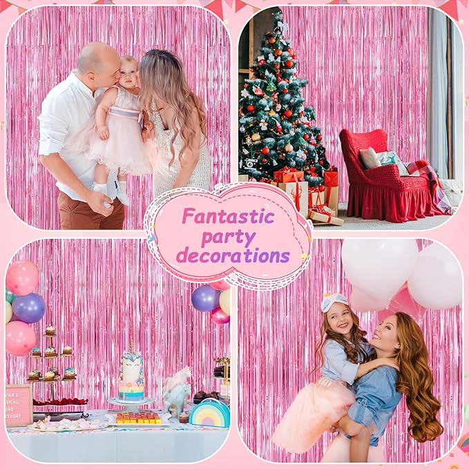 Pink Metallic Tinsel Foil Fringe Curtains Backdrop 2Pack 3.3x8.3Ft Pink Party Streamers for Birthday Party Decorations Halloween Christmas Decors Foil Curtain Backdrop for Bachelorette Wedding