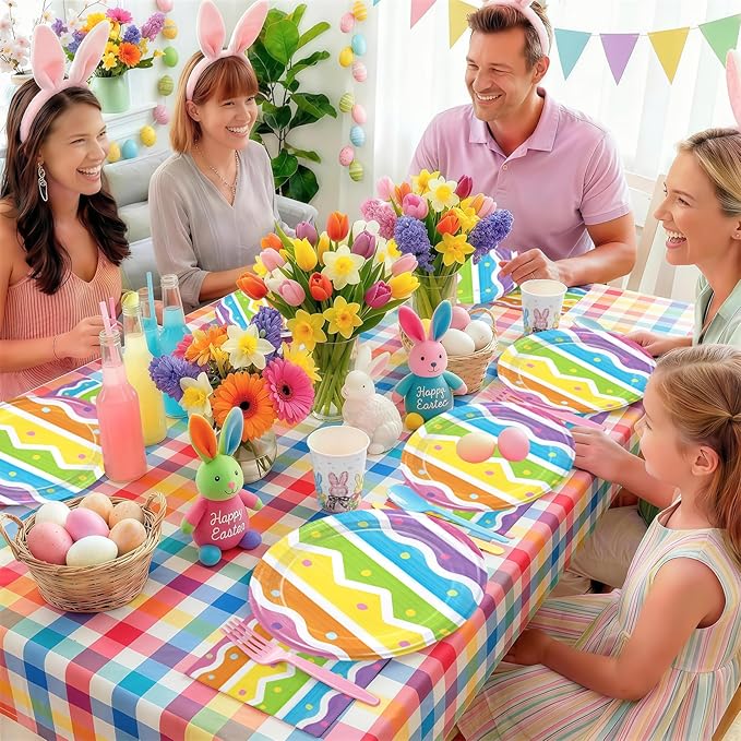 50PCS Easter Egg Party Supplies for Birthday Watercolor Bunny Floral Party Decorations Paper Plates Napkins Tableware 25 Guests