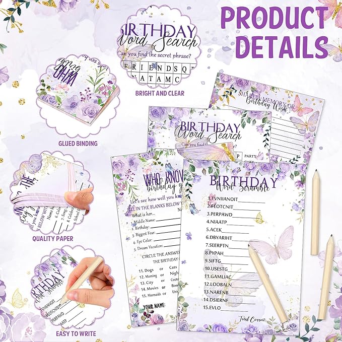 Fumete 100 Pcs Who Knows The Birthday Girl Best Cards with 20 Pre Pointed Pencils Set for 20 Guests, Girls Birthday Night Game Ideas, Girls Her Sleepover Party Supplies, 4 Activities(Butterfly)